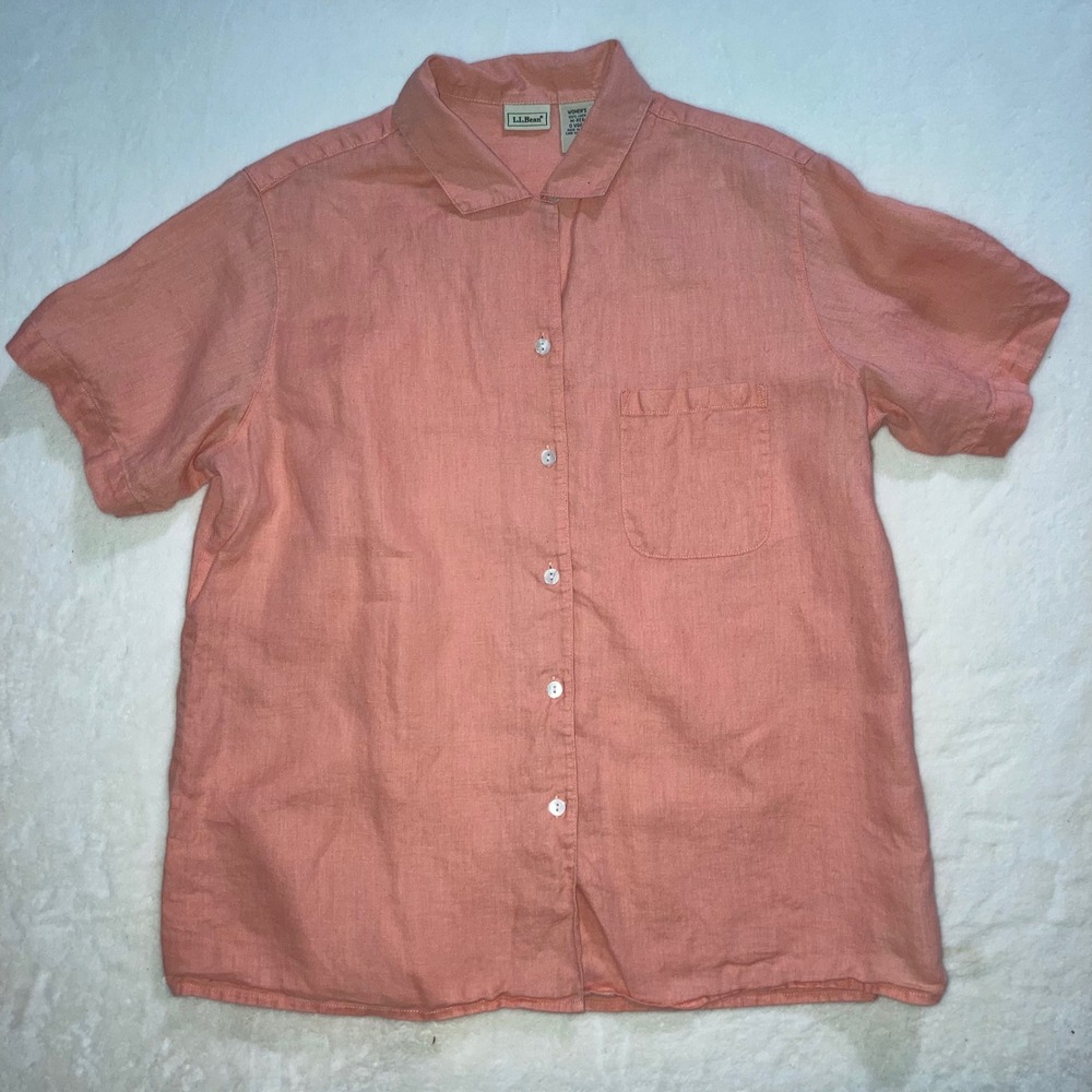 LL Bean Women Medium Coral Pink 100% Linen Short Sleeve Button Down Shirt OVQ64